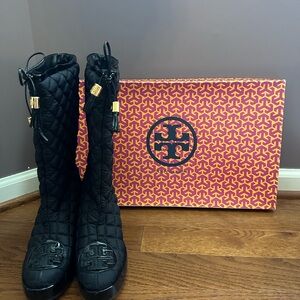 Tory Burch Black Quilted Boots with Gold Details